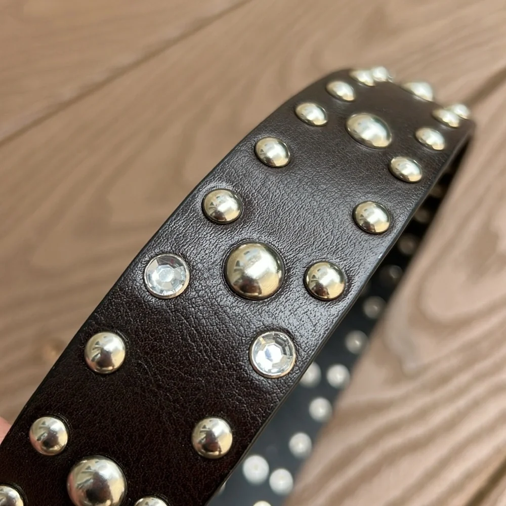 Target child’s dark brown leather silver studded rhinestone belt SZ 10/12